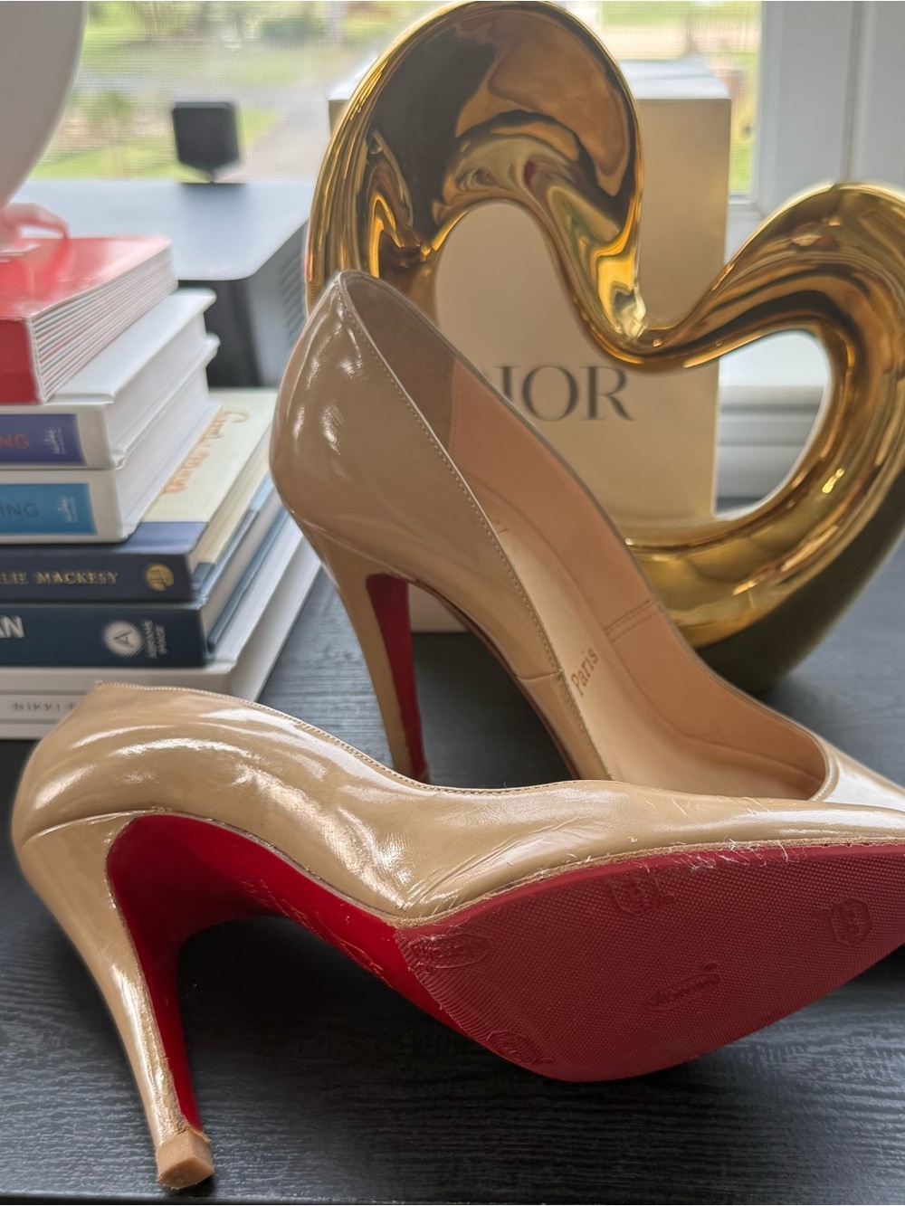 Christian Louboutin Beige Patent Pigalle Pumps with Red Soles